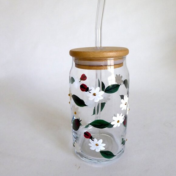 NEW 16oz HAND PAINTED DAISY FLOWER LADY BUGS BEJEWELED GLASS SIPPER W/ STRAW - Picture 5 of 13